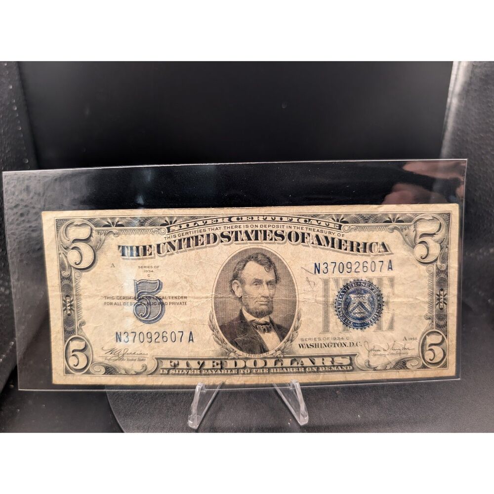 1934C $5 Silver Certificate • Misaligned Cut • Blue Seal • N37092607A
